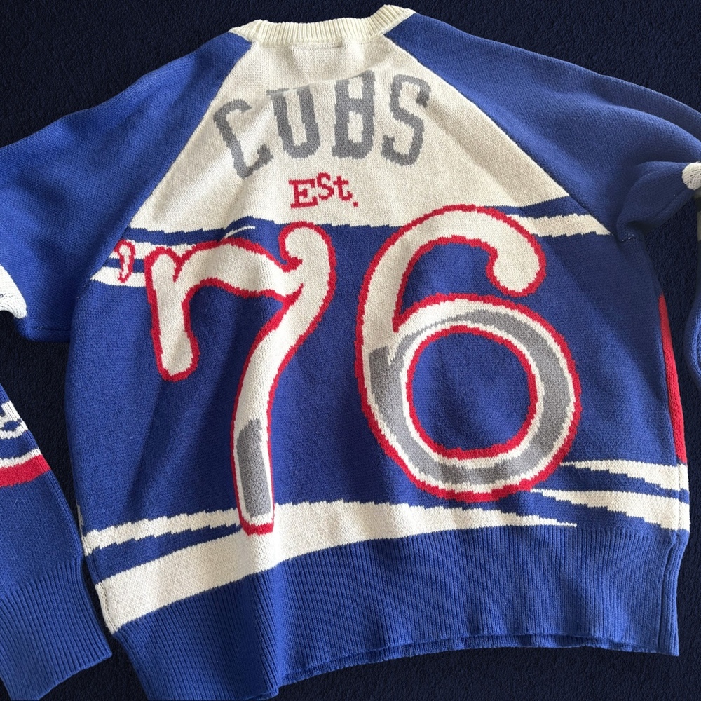 Chicago Cubs Baseball Oversized Graphic Knit Sweater Blue Red Cream Size S
